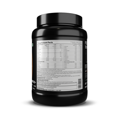 Black supplement container with nutritional label on a white background