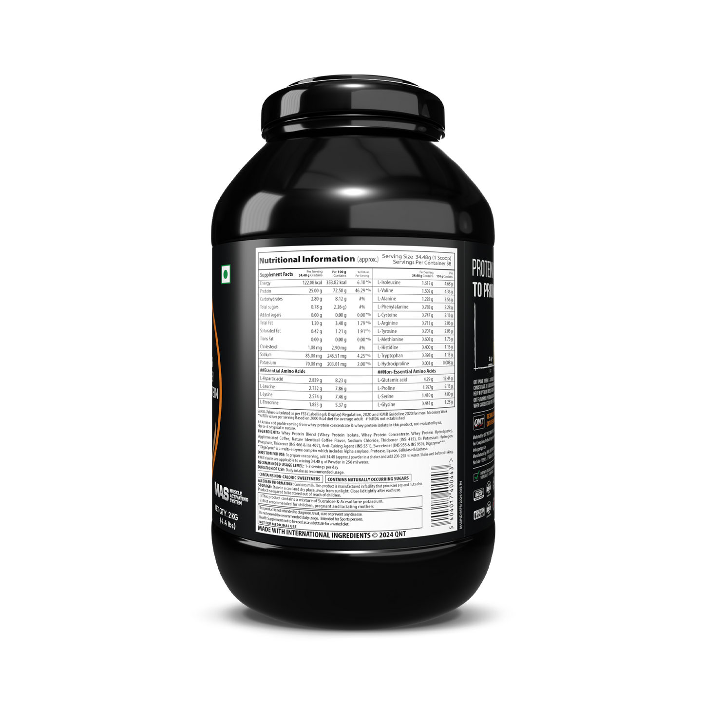 Black supplement container with nutritional label on a white background
