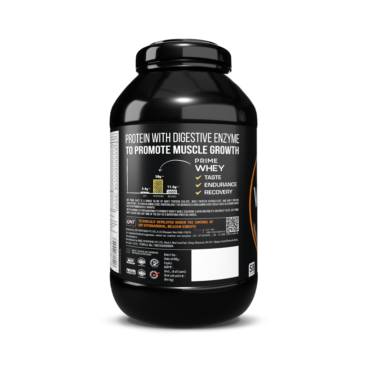 Black protein supplement container with label on a white background