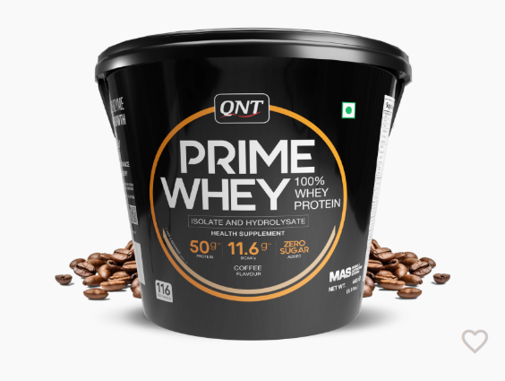 Black container of QNT Prime Whey protein with coffee beans on a white background