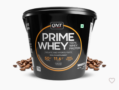 Black container of QNT Prime Whey protein with coffee beans on a white background