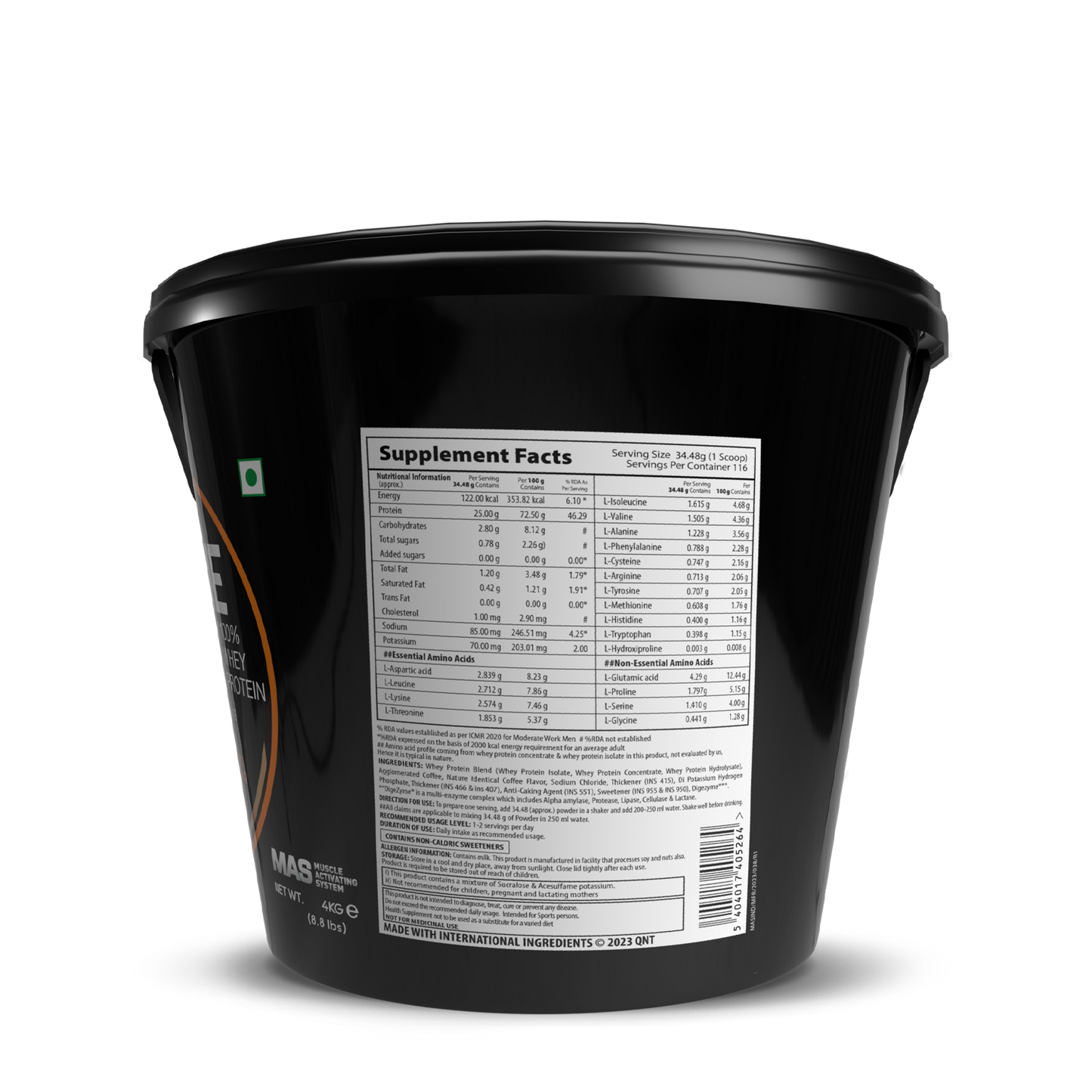 Black container with supplement facts label on a white background