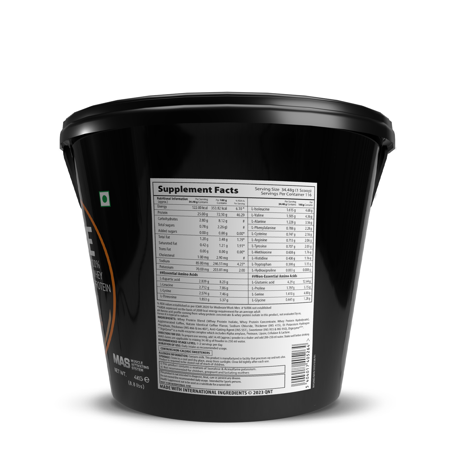 Black container with supplement facts label on a white background