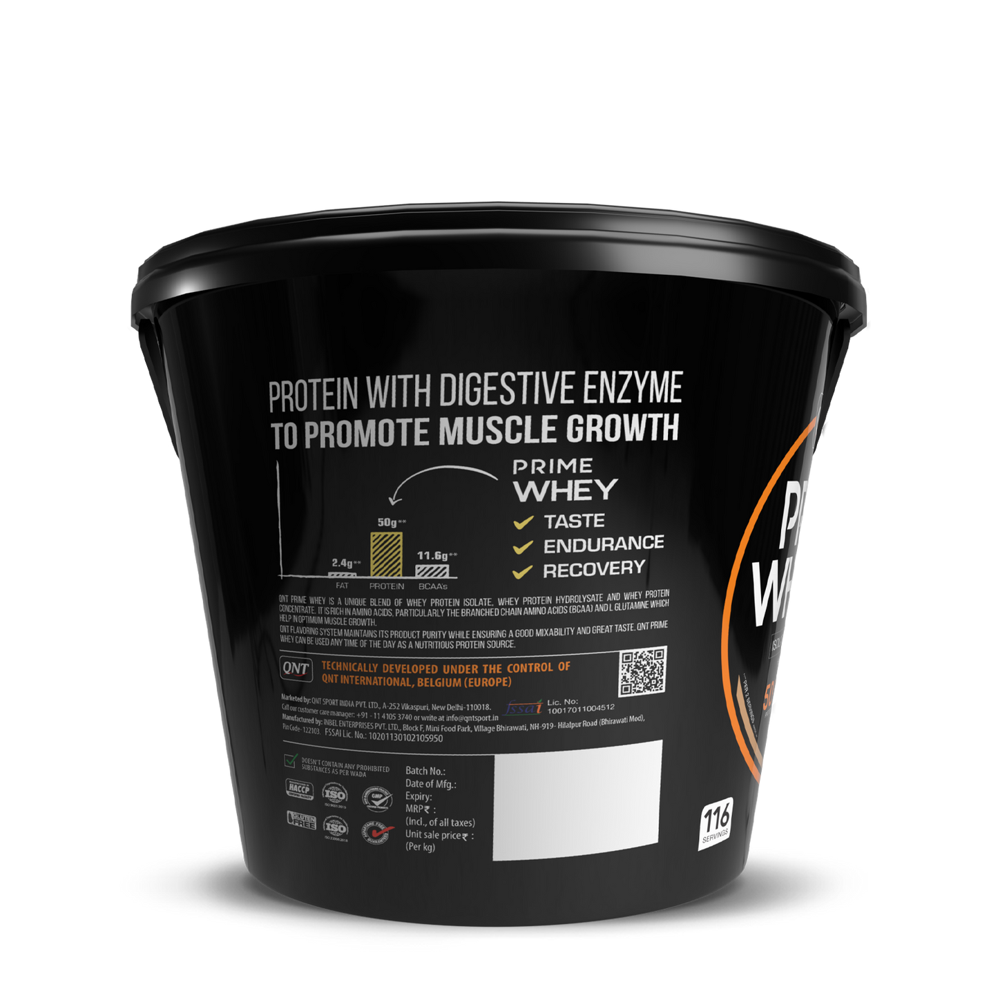 Black container of Prime Whey protein powder with text on a white background