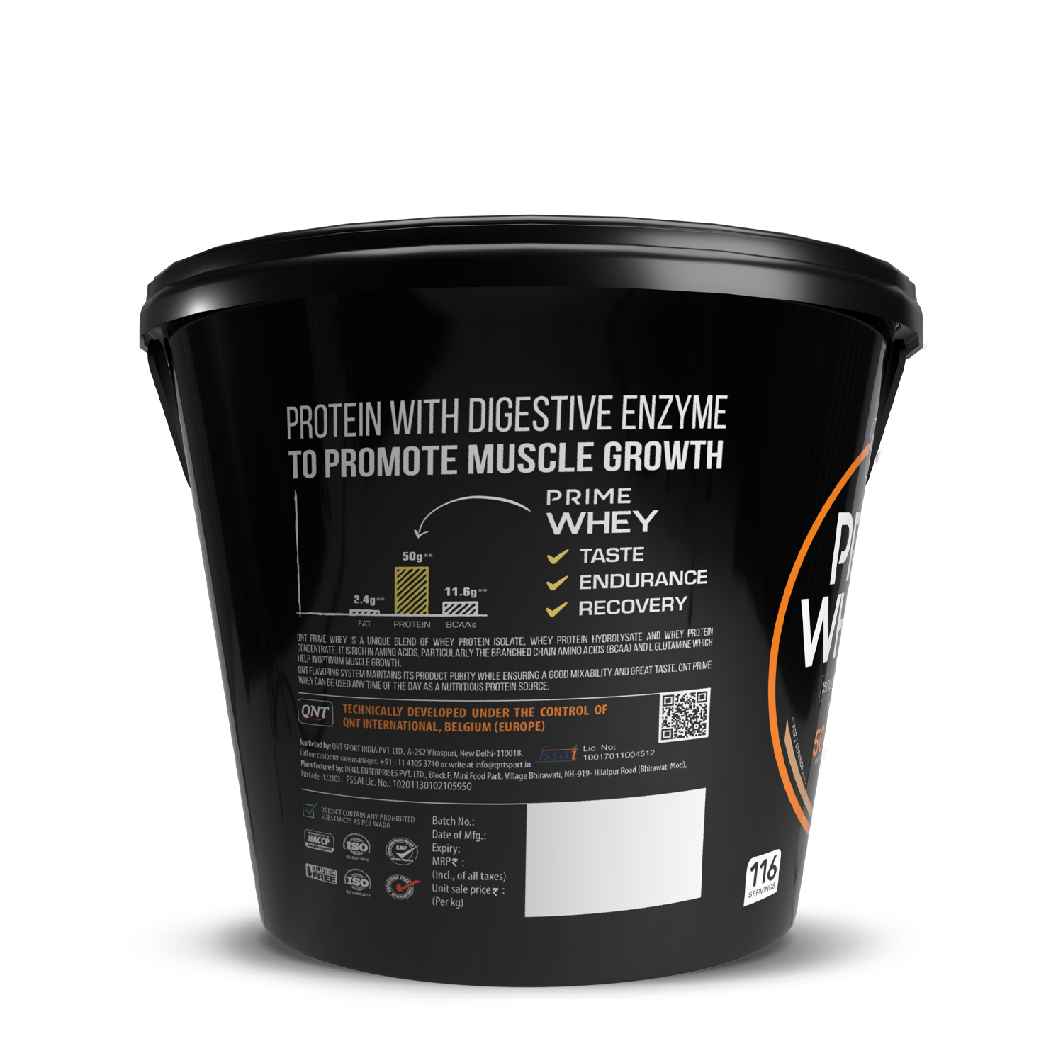 Black container of Prime Whey protein powder with text on a white background