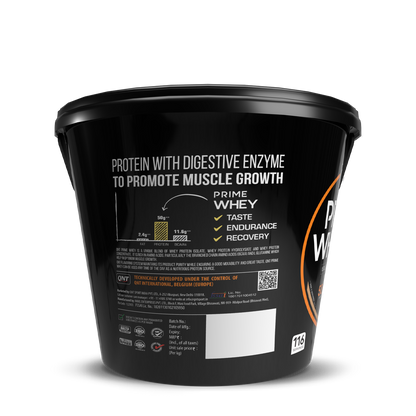 Black container of Prime Whey protein powder with text on a white background