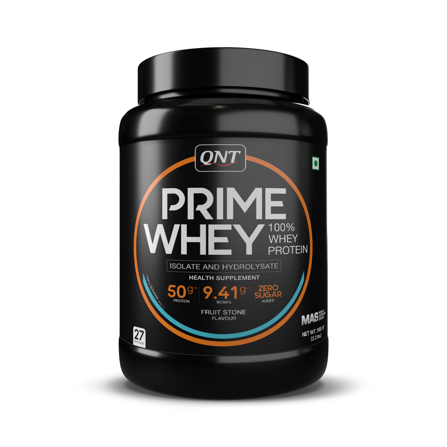Black container of QNT Prime Whey protein powder on a white background