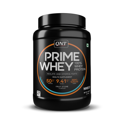 Black container of QNT Prime Whey protein powder on a white background