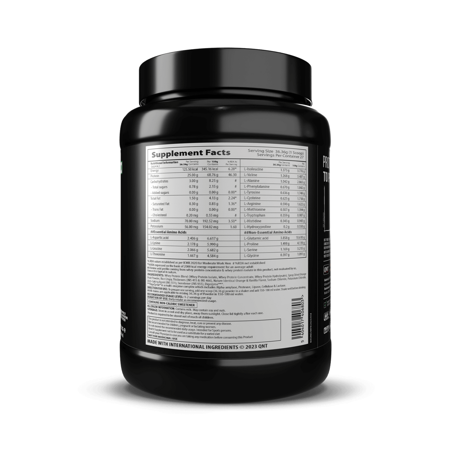 Black supplement container with a label on a black background