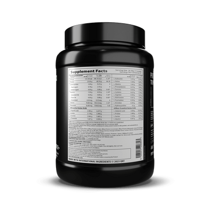 Black supplement container with a label on a black background