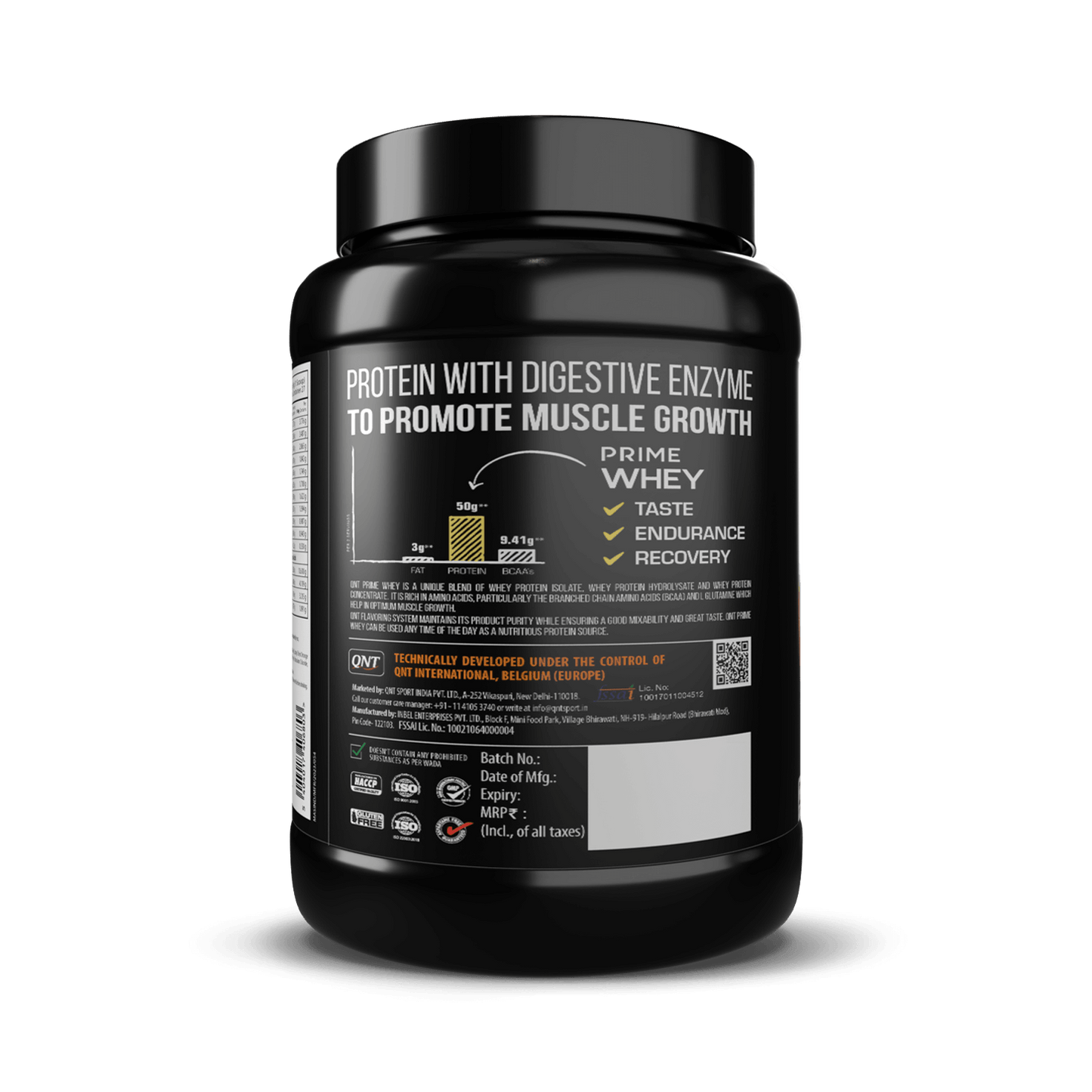 Black container of Prime Whey protein powder with label on a black background