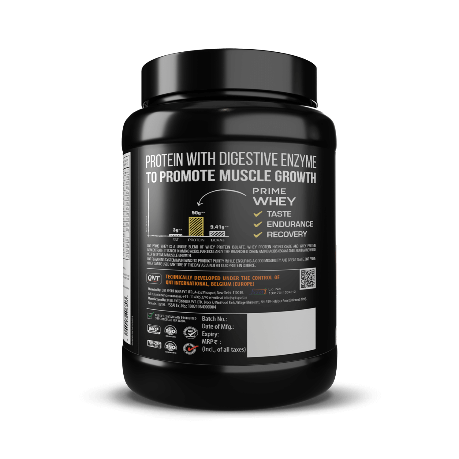 Black container of Prime Whey protein powder with label on a black background