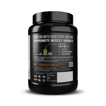 Black container of Prime Whey protein powder with label on a black background