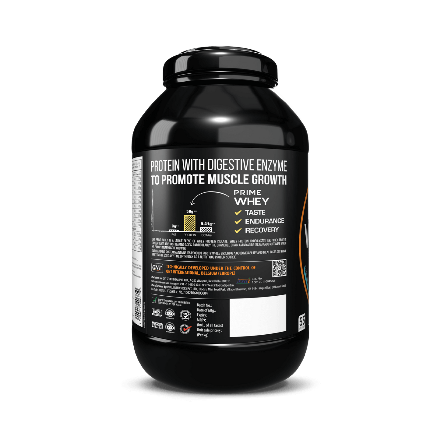 Black protein supplement container with label on a white background