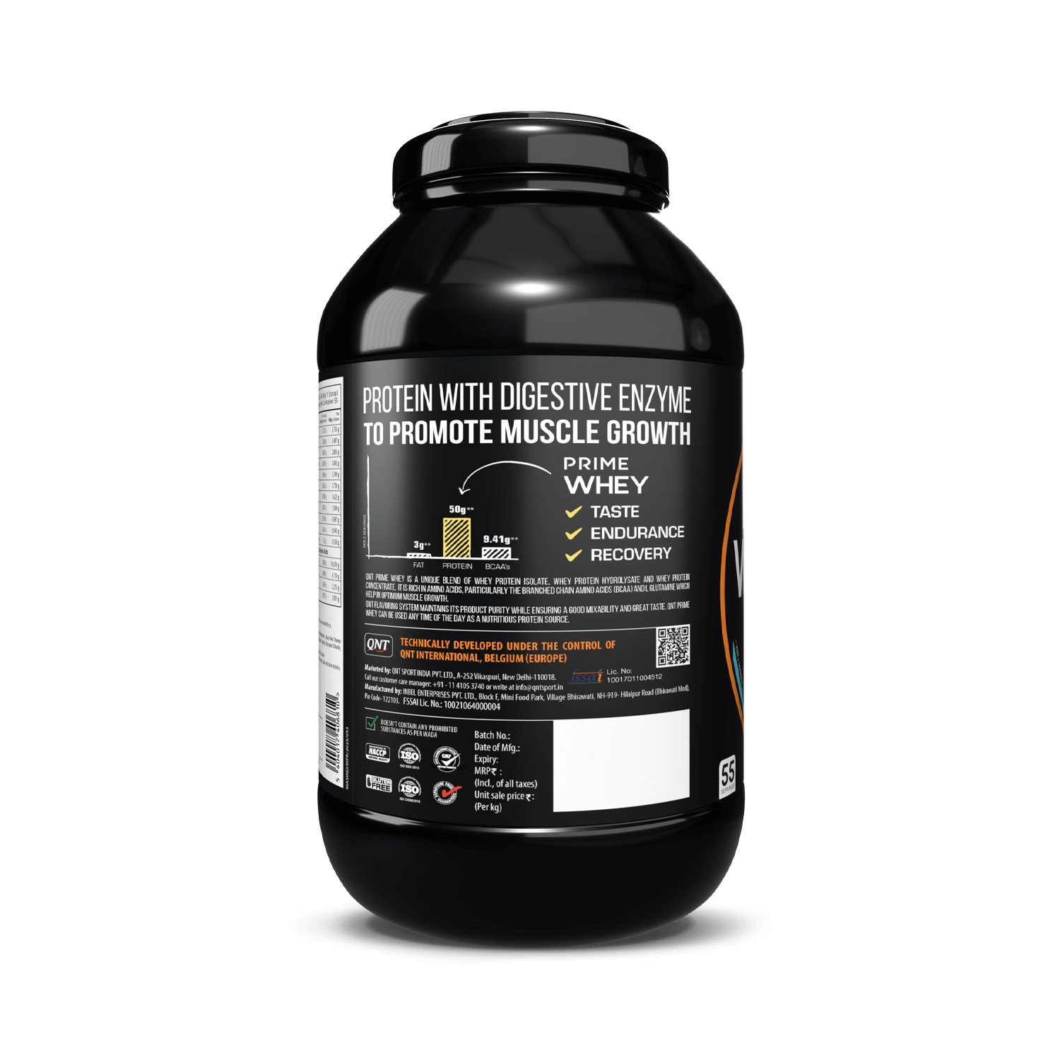 Black protein supplement container with label on a white background