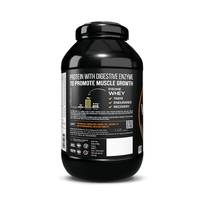 Black protein supplement container with label on a white background