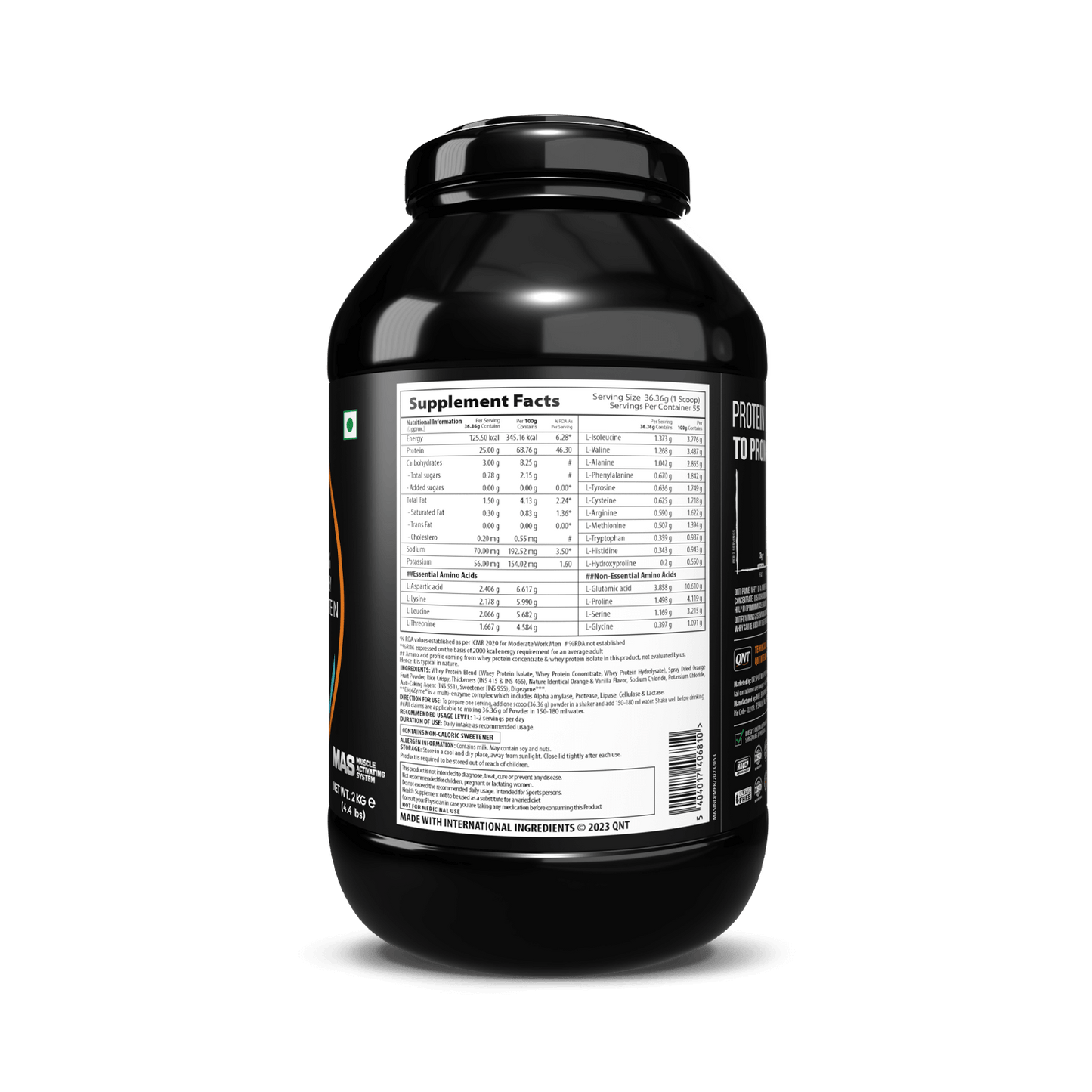 Black protein supplement container with label on a white background
