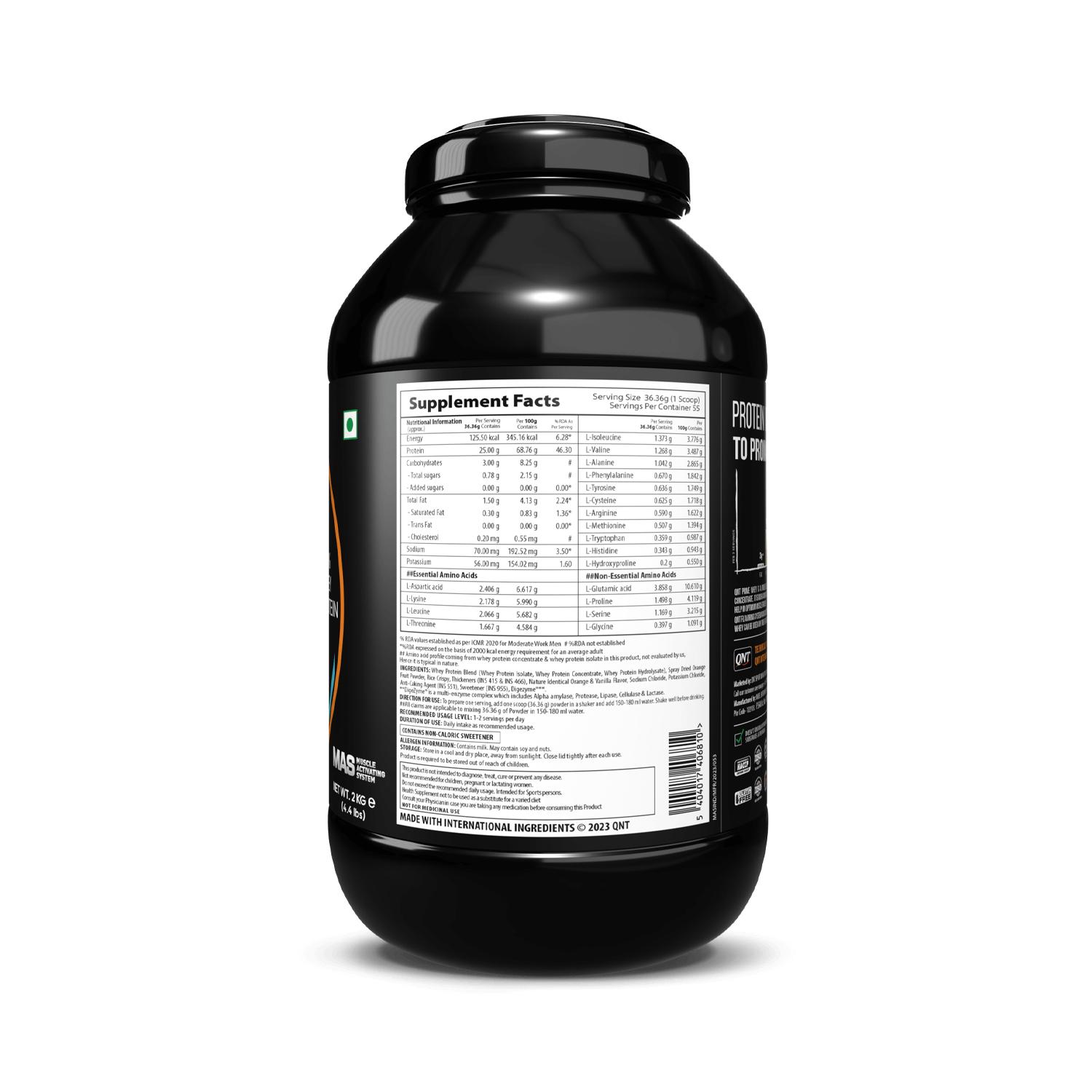 Black protein supplement container with label on a white background