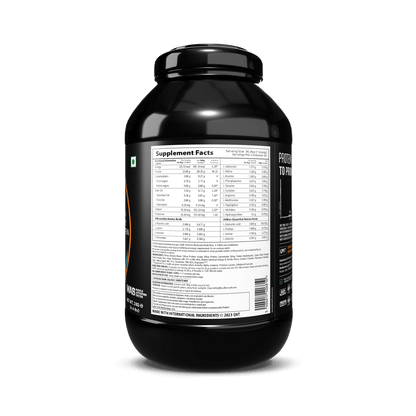 Black protein supplement container with label on a white background