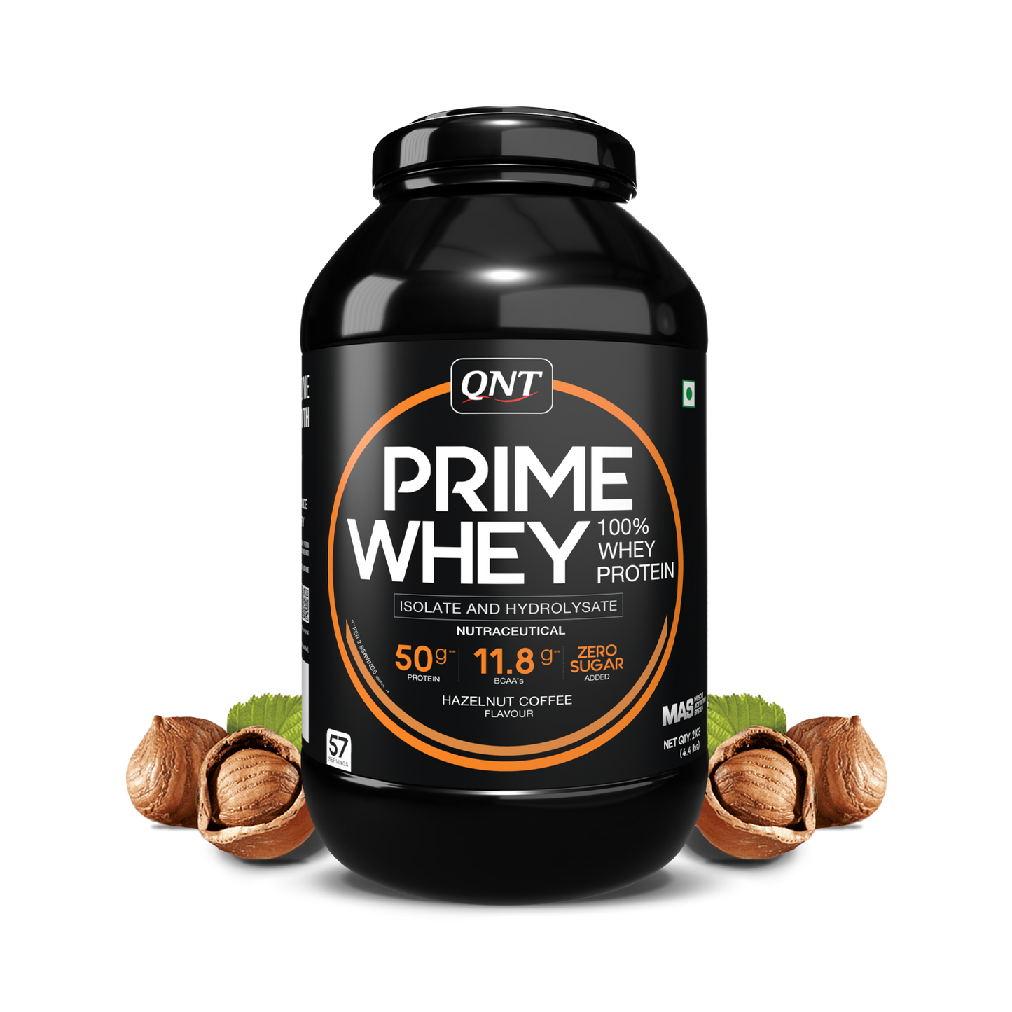 Black container of QNT Prime Whey protein with hazelnuts on a white background