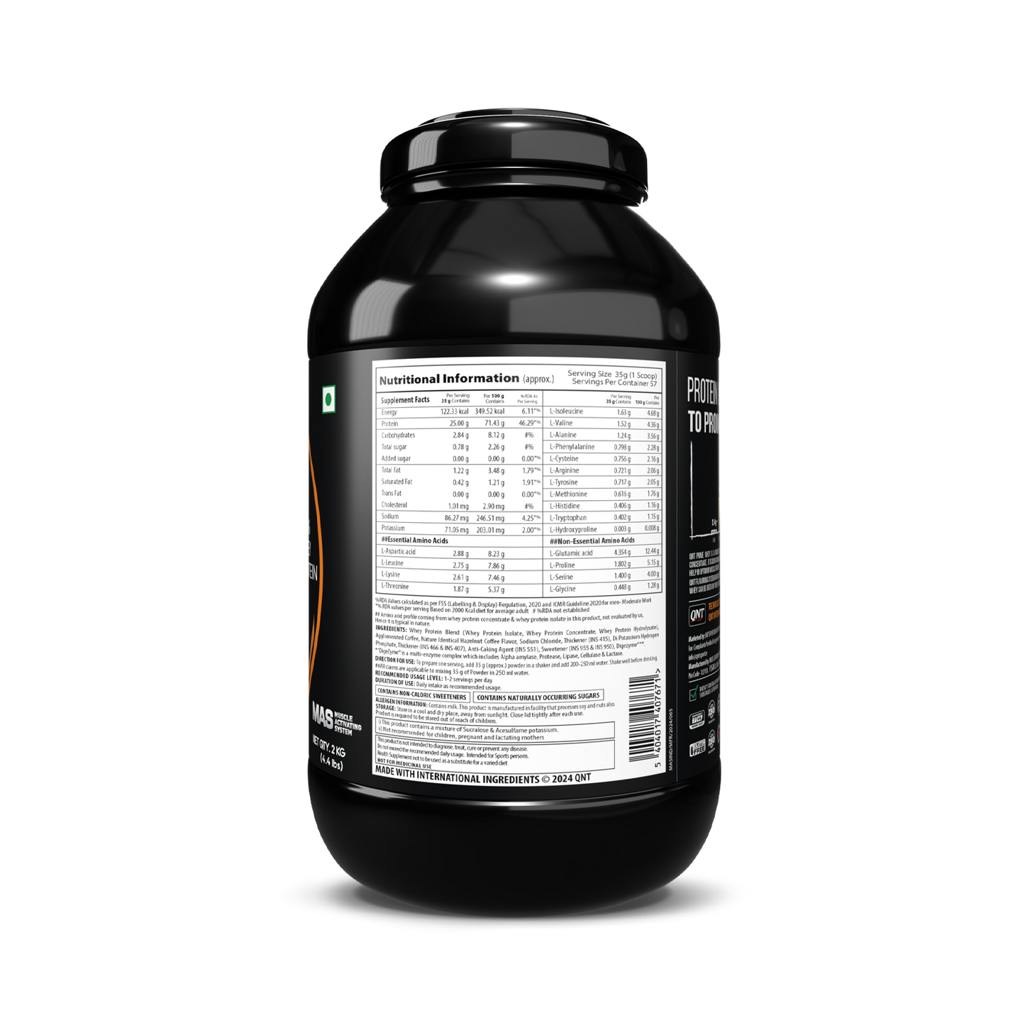 Black protein supplement container with nutritional label on a white background