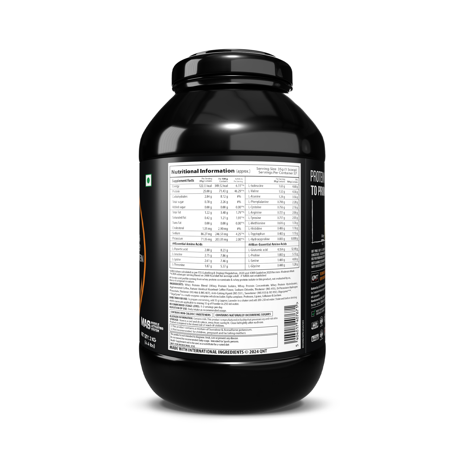 Black protein supplement container with nutritional label on a white background