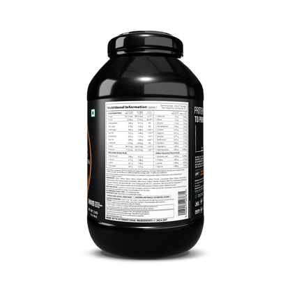 Black protein supplement container with nutritional label on a white background