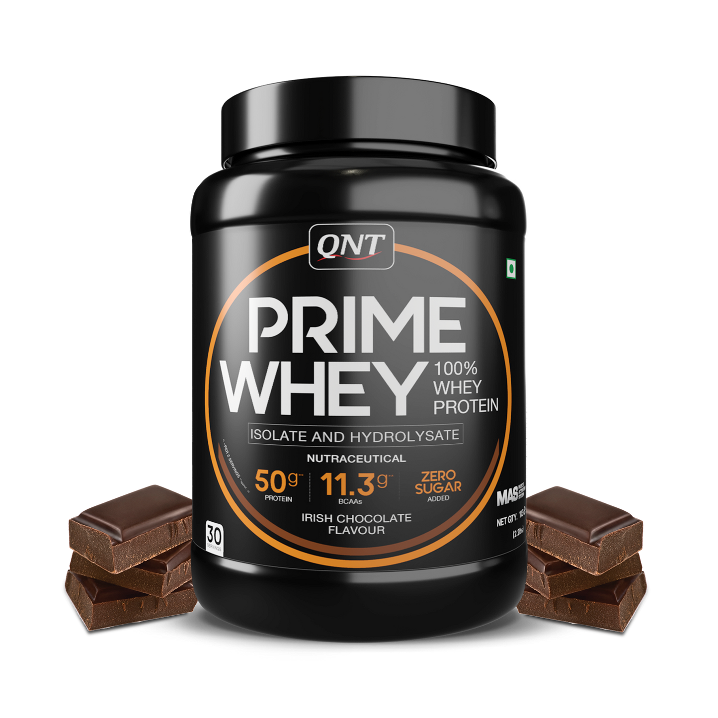 QNT Prime Whey protein powder container with chocolate bars on a white background