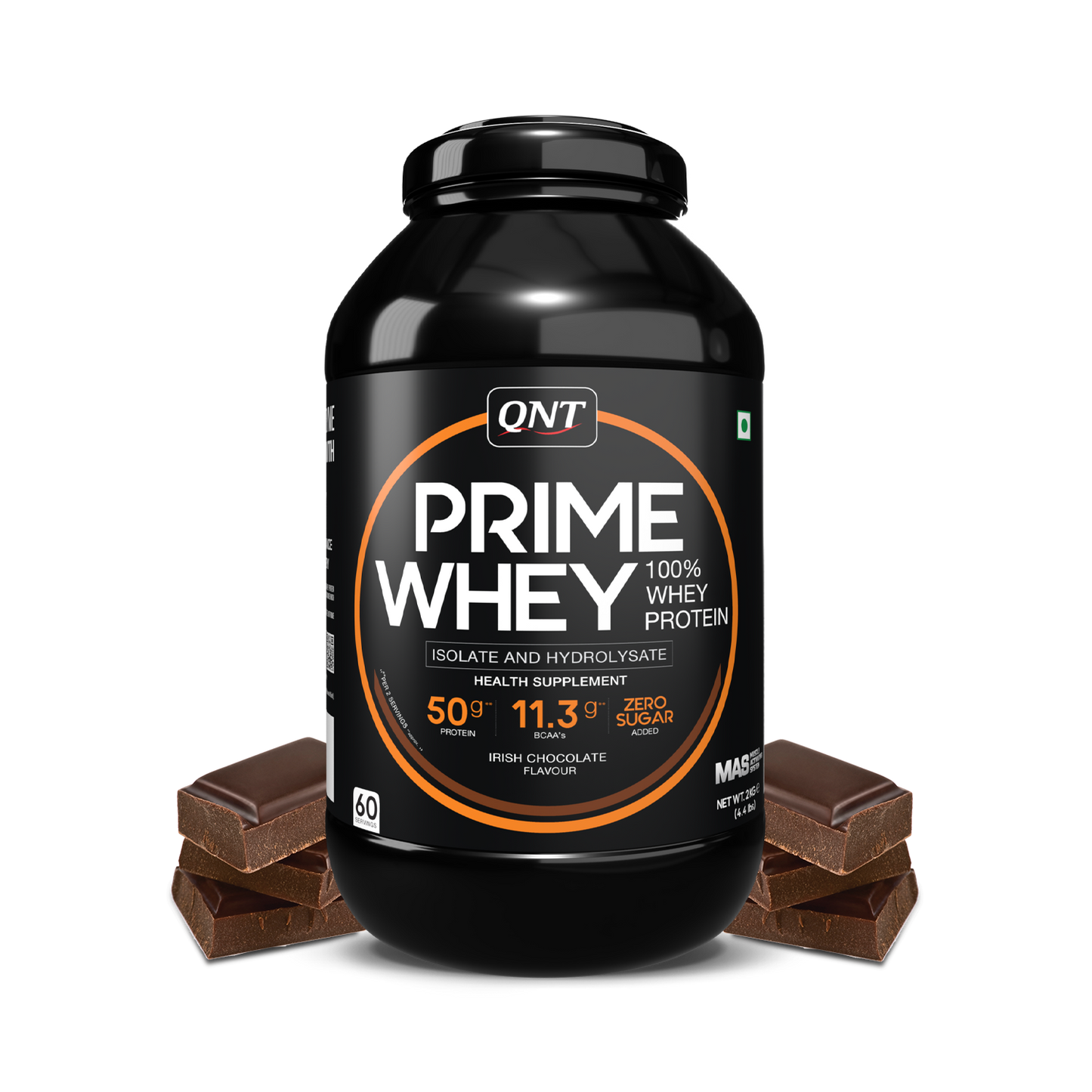 Black container of QNT Prime Whey protein with chocolate bars on a white background
