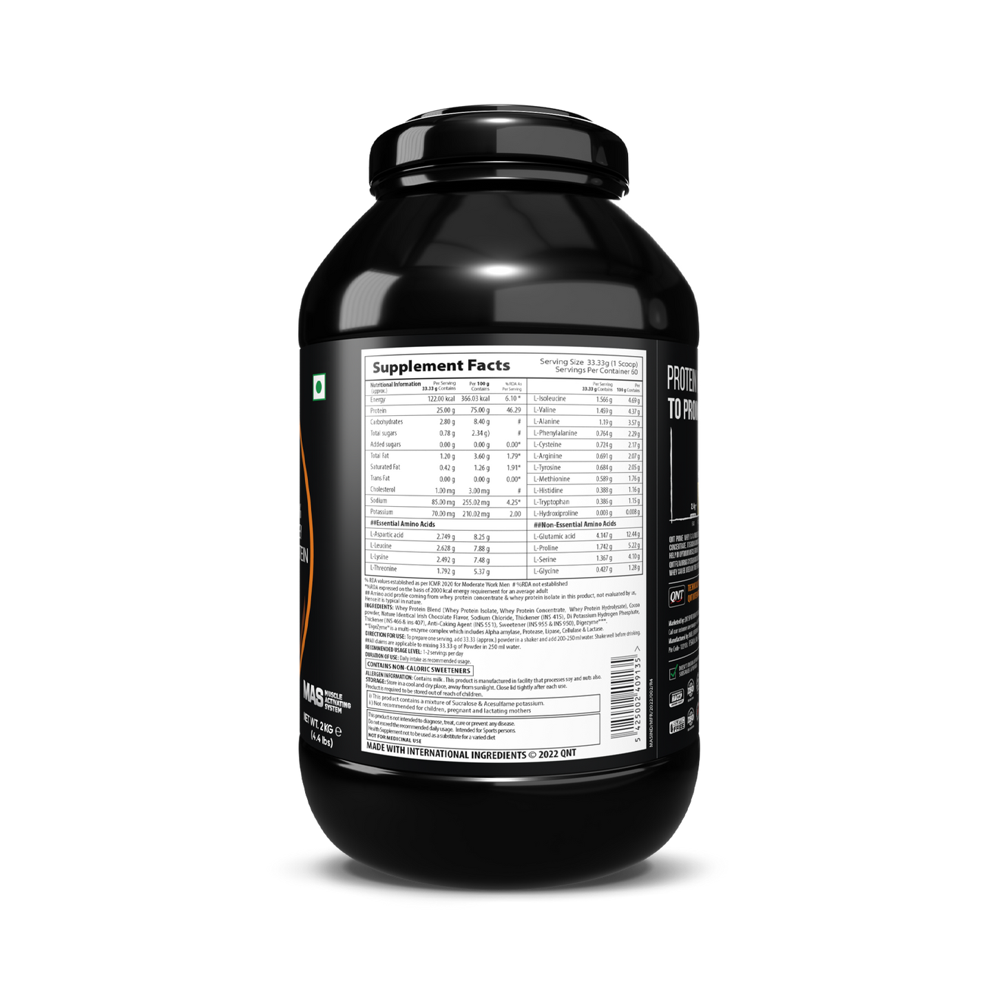 Black supplement container with nutritional label on a white background