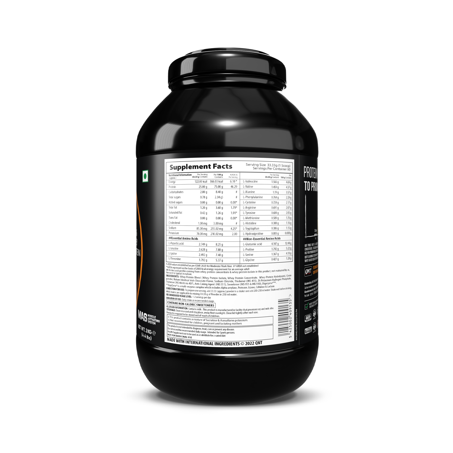 Black supplement container with nutritional label on a white background