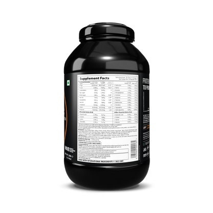 Black supplement container with nutritional label on a white background