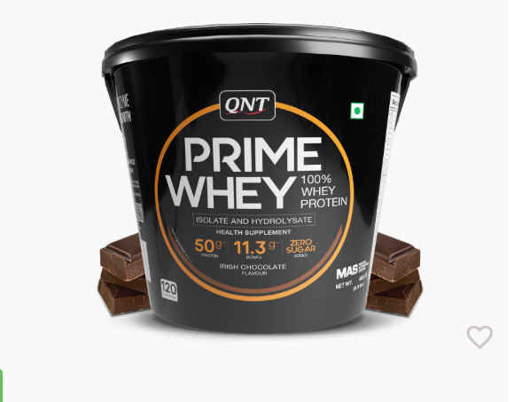 QNT Prime Whey protein container with chocolate pieces on a white background