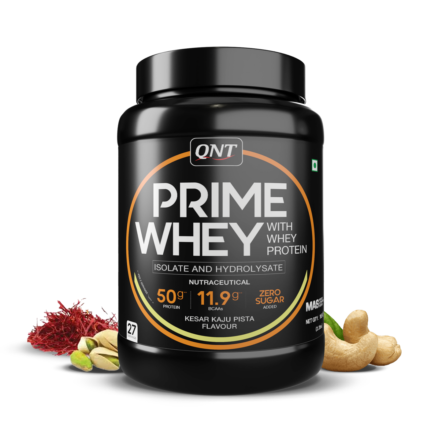 QNT Prime Whey protein powder container with ingredients on a white background