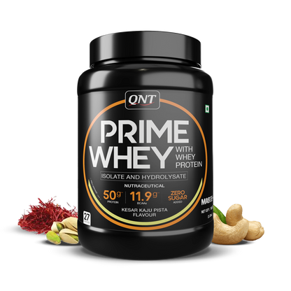 QNT Prime Whey protein powder container with ingredients on a white background