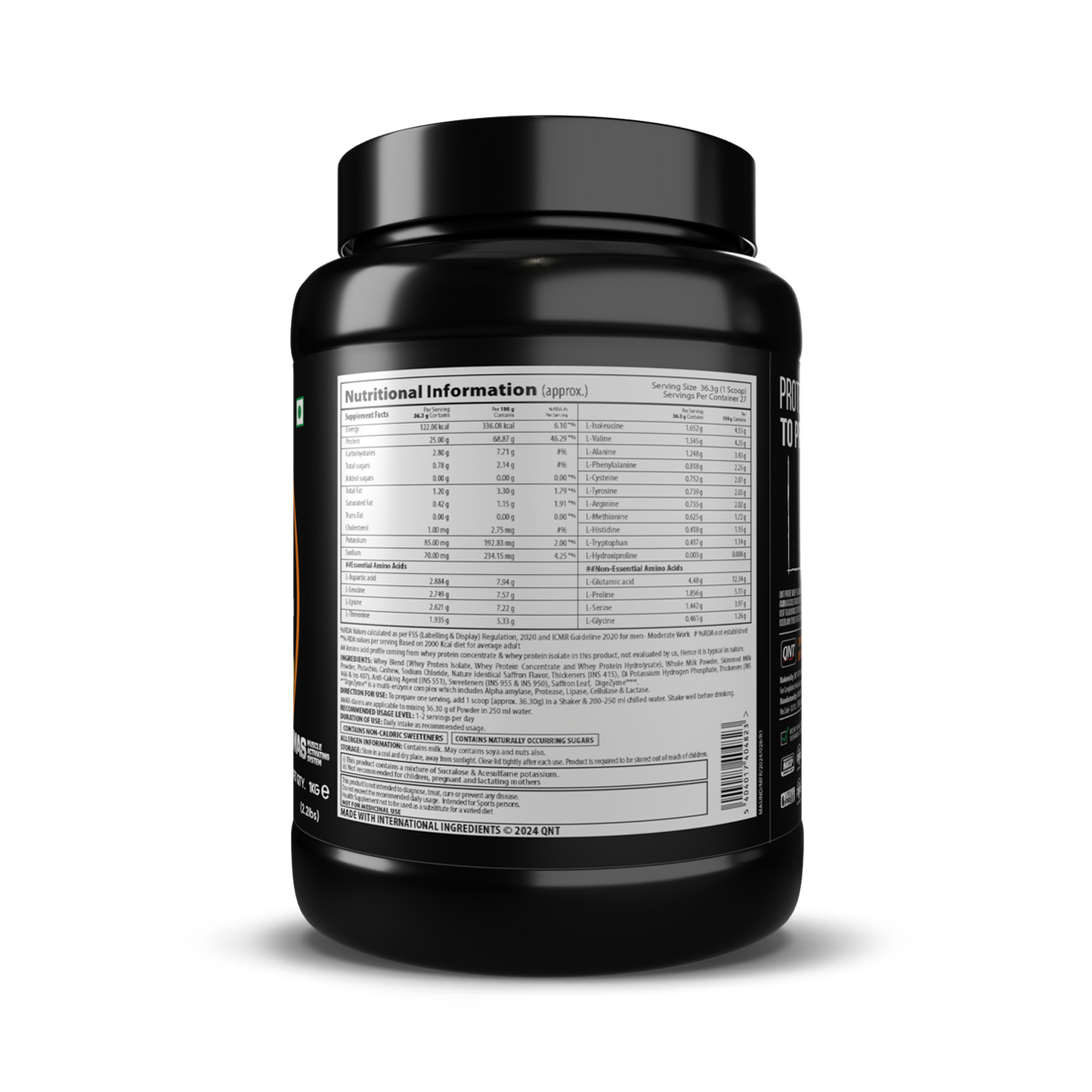 Black supplement container with nutritional information label on a white background