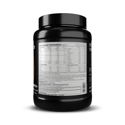 Black supplement container with nutritional information label on a white background
