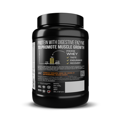 Black container of protein powder with text on a white background