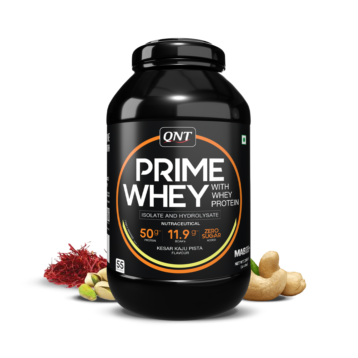 Black container of QNT Prime Whey protein with ingredients on a white background