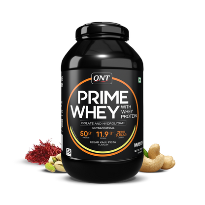 Black container of QNT Prime Whey protein with ingredients on a white background