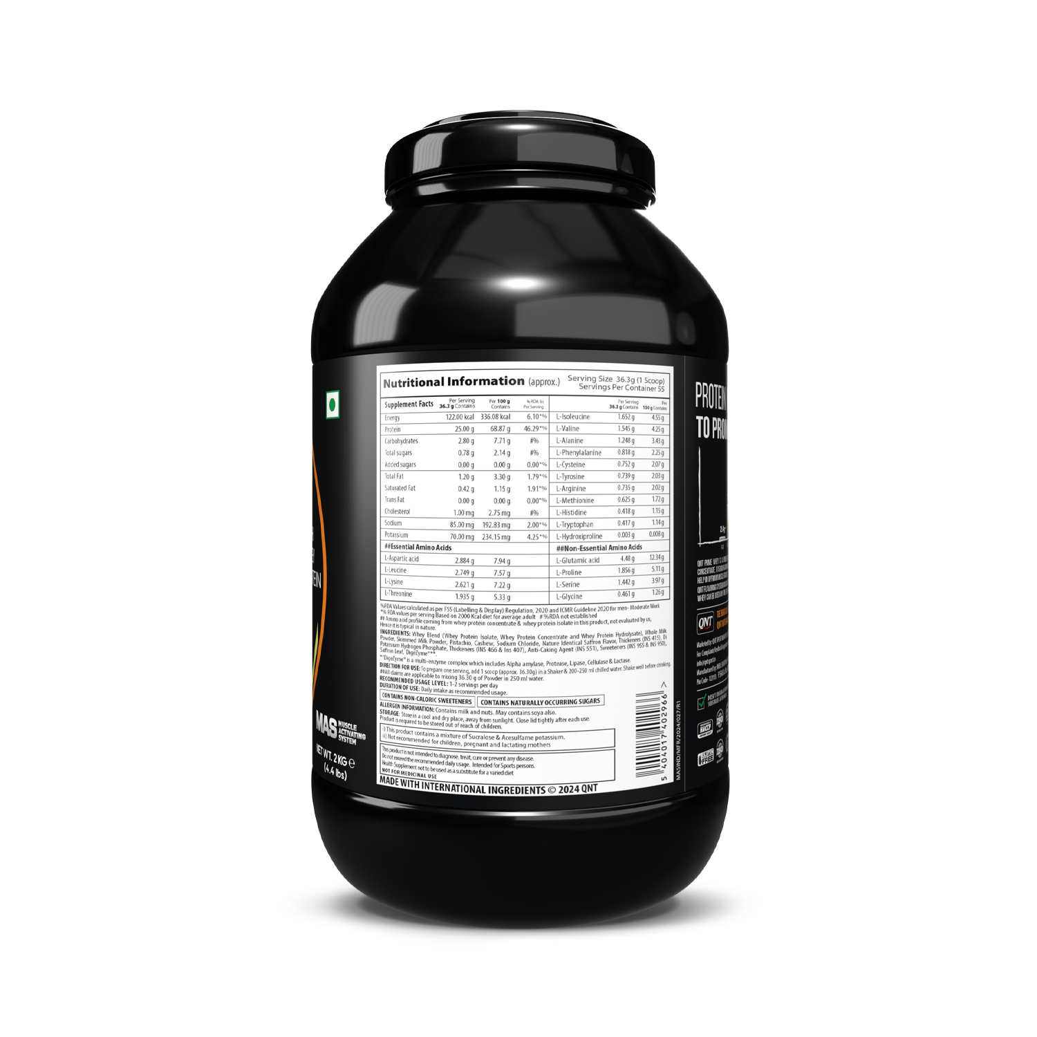 Black protein supplement container with nutritional label on a white background