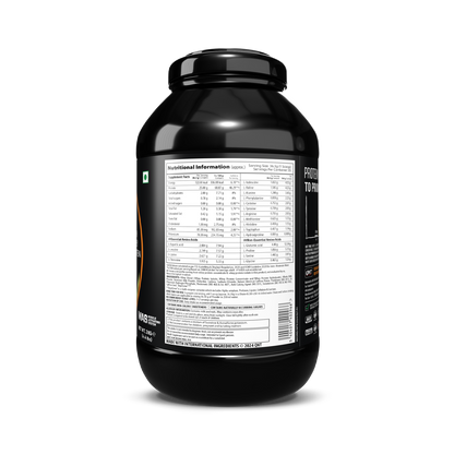 Black protein supplement container with nutritional label on a white background