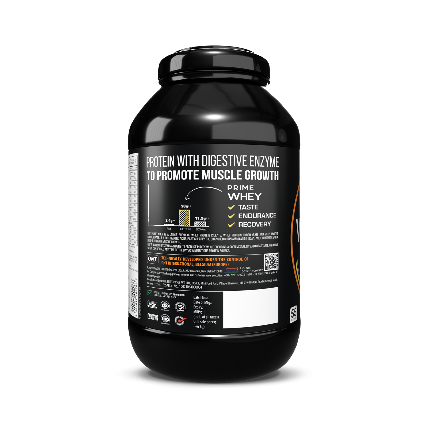 Black container of Prime Whey protein powder with label on a white background