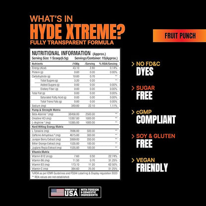 Nutritional information and product details for Hyde Xtreme supplement on a black background