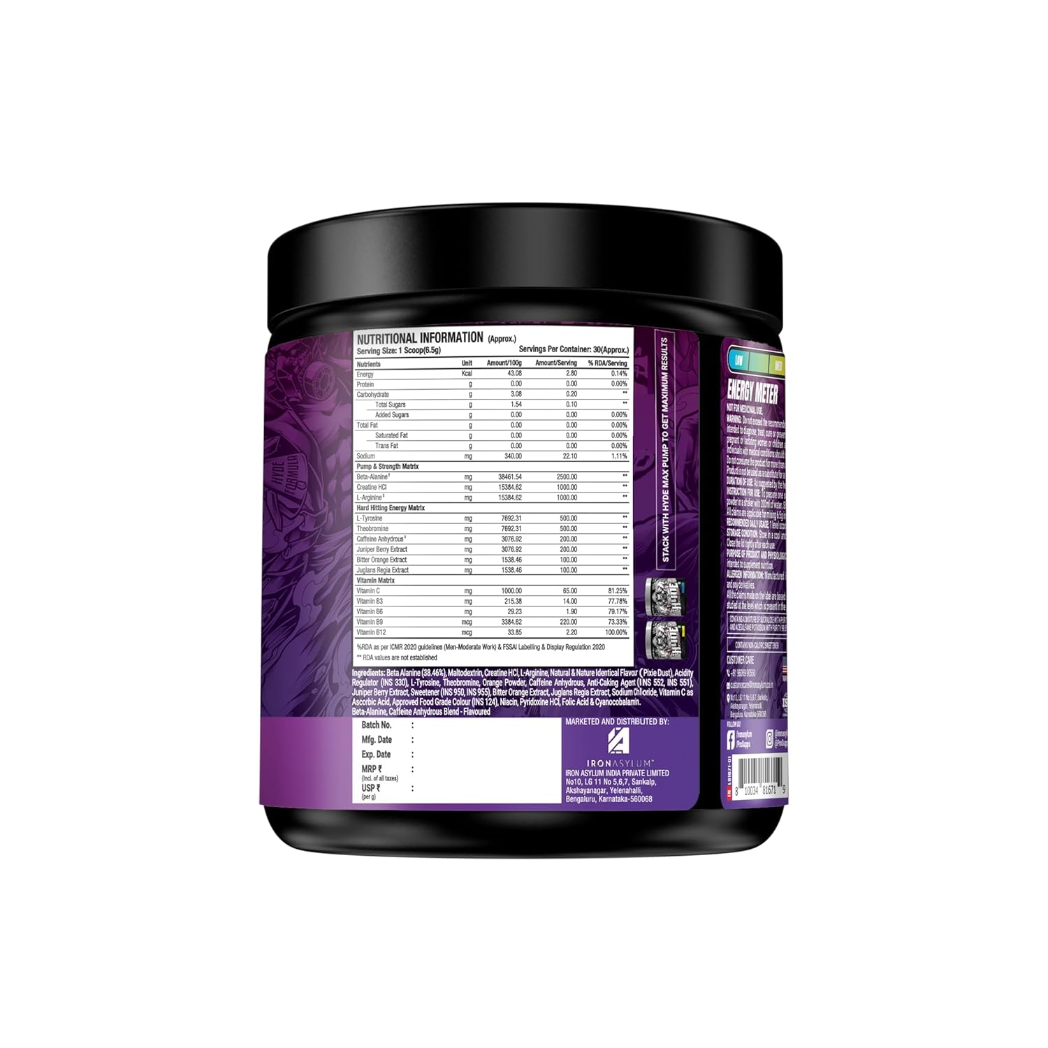 Supplement container with purple label and nutritional information on a white background