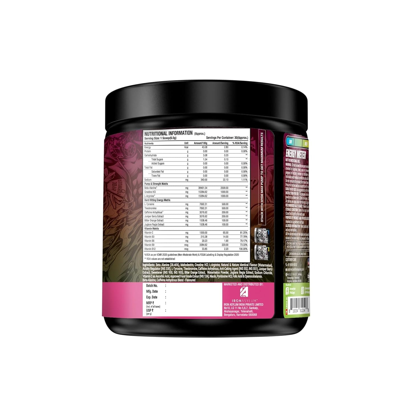 Supplement container with nutritional information label on a white background
