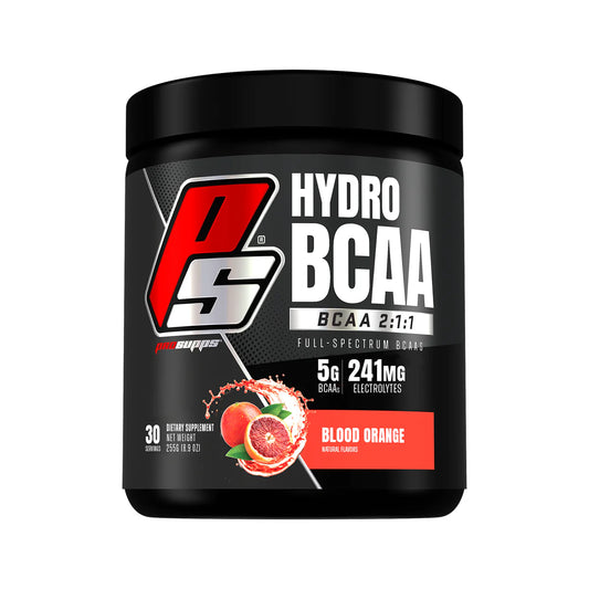 Black container of PS Hydro BCAA supplement with blood orange flavor on a white background