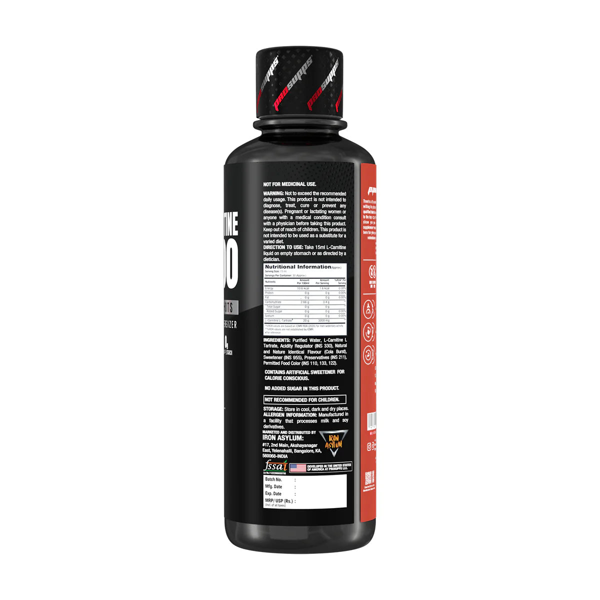 Black supplement bottle with red label on a white background