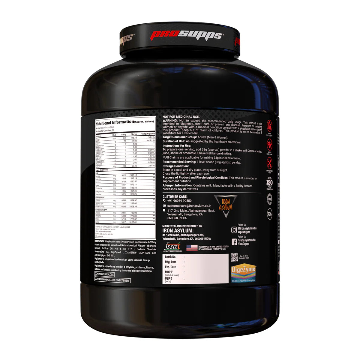 Black protein supplement container with ProSupps branding on a white background