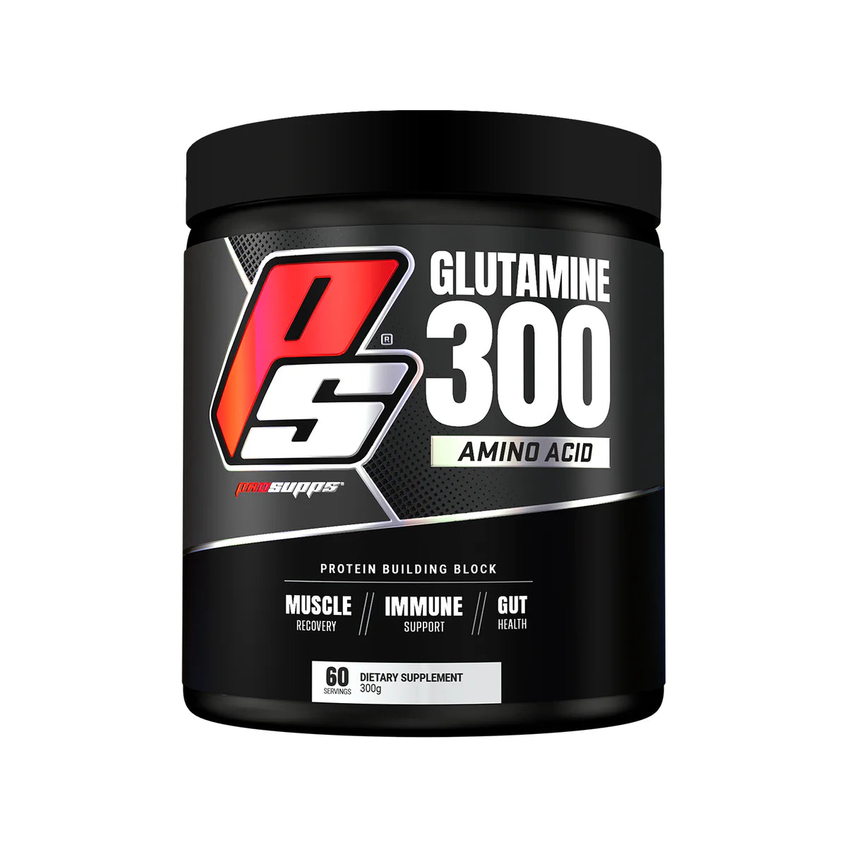 Black supplement container labeled 'PS Glutamine 300 Amino Acid' on a white background